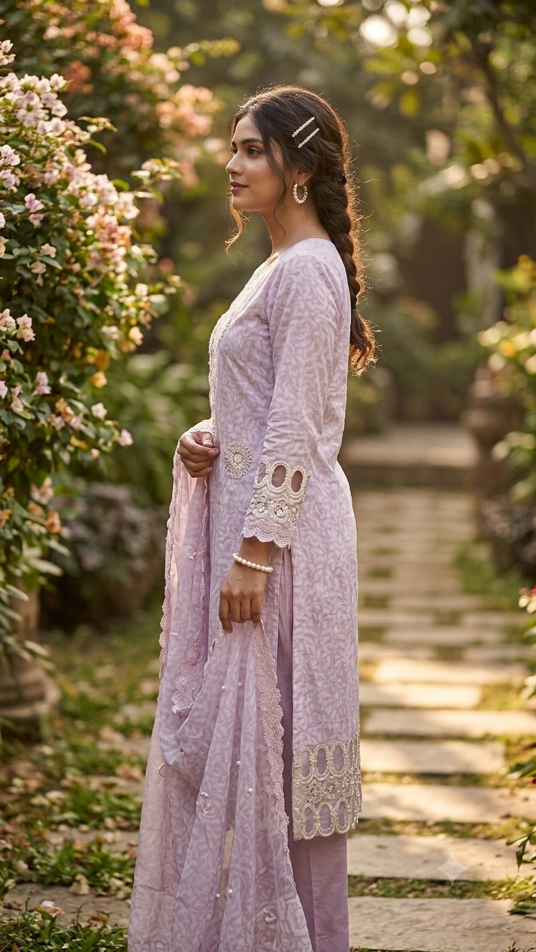 PREMIUM PASTEL LAVENDER PINK FLORAL DESIGNER SUIT MATERIAL SET