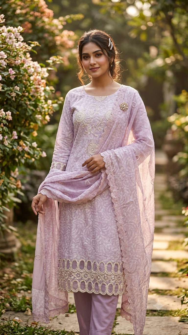 PREMIUM PASTEL LAVENDER PINK FLORAL DESIGNER SUIT MATERIAL SET