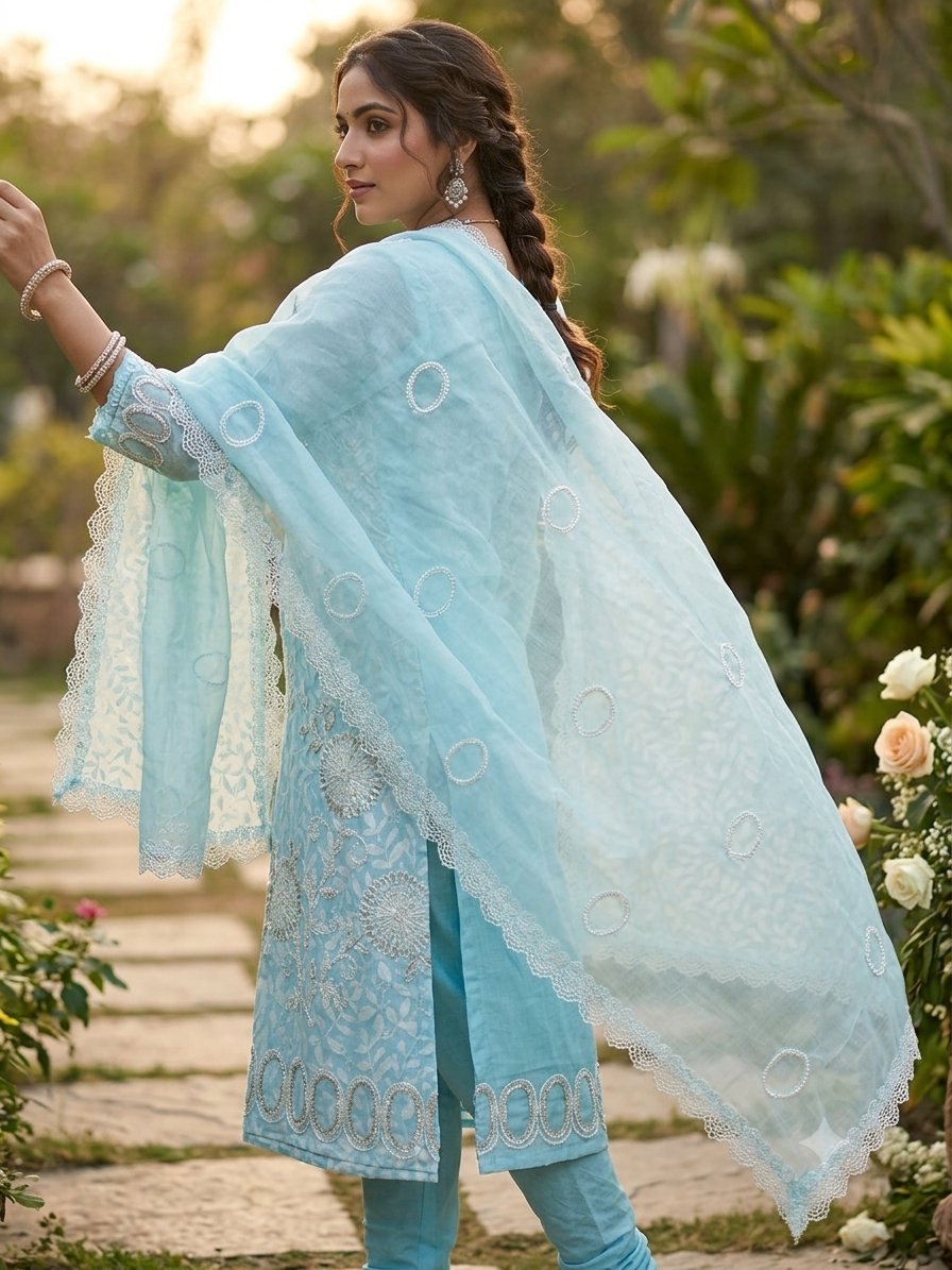 PREMIUM AQUA BLUE DESIGNER CHUDI MATERIAL WITH SILVER LACE DUPATTA