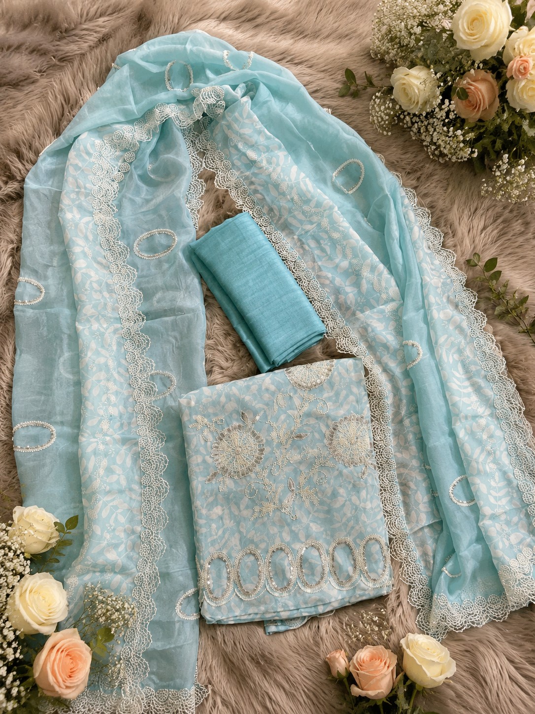 PREMIUM AQUA BLUE DESIGNER CHUDI MATERIAL WITH SILVER LACE DUPATTA