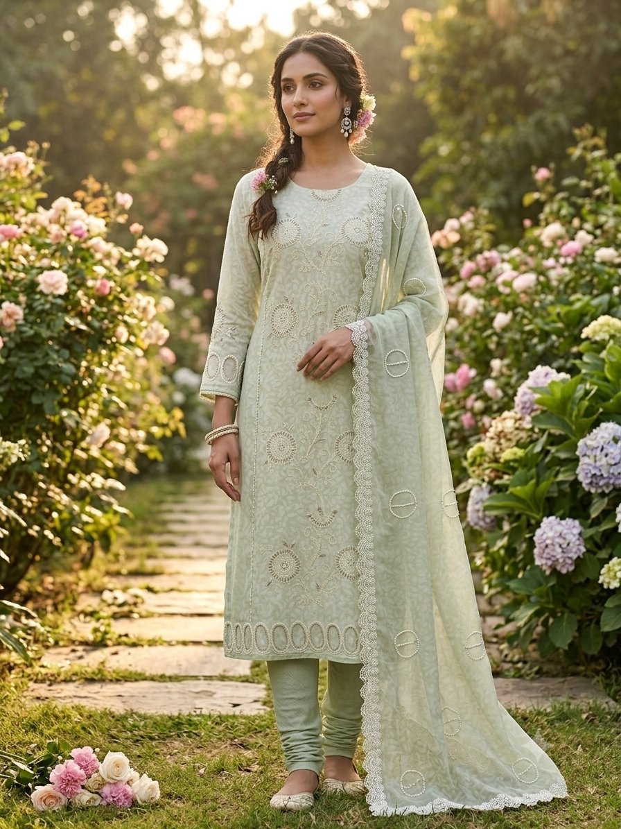 PREMIUM SAGE GREEN FLORAL DESIGNER SUIT MATERIAL SET