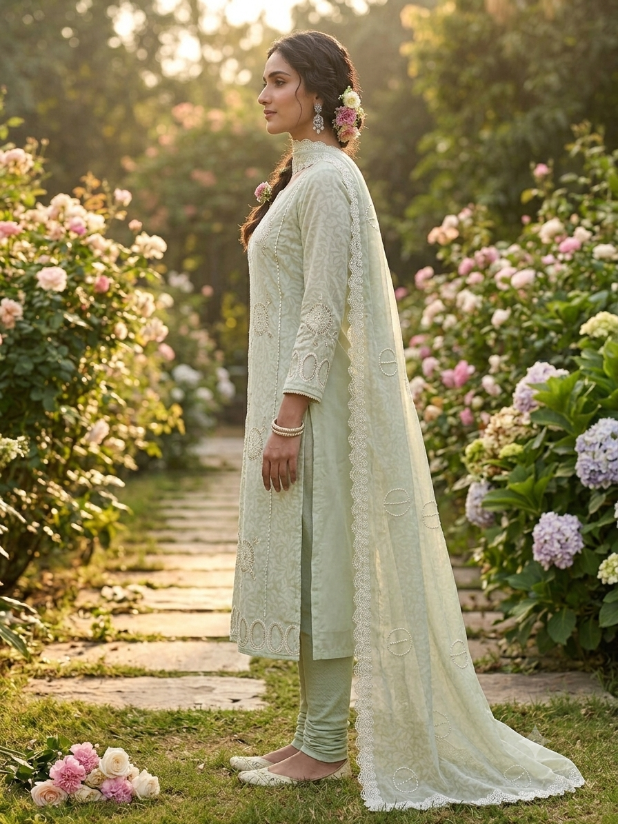 PREMIUM SAGE GREEN FLORAL DESIGNER SUIT MATERIAL SET