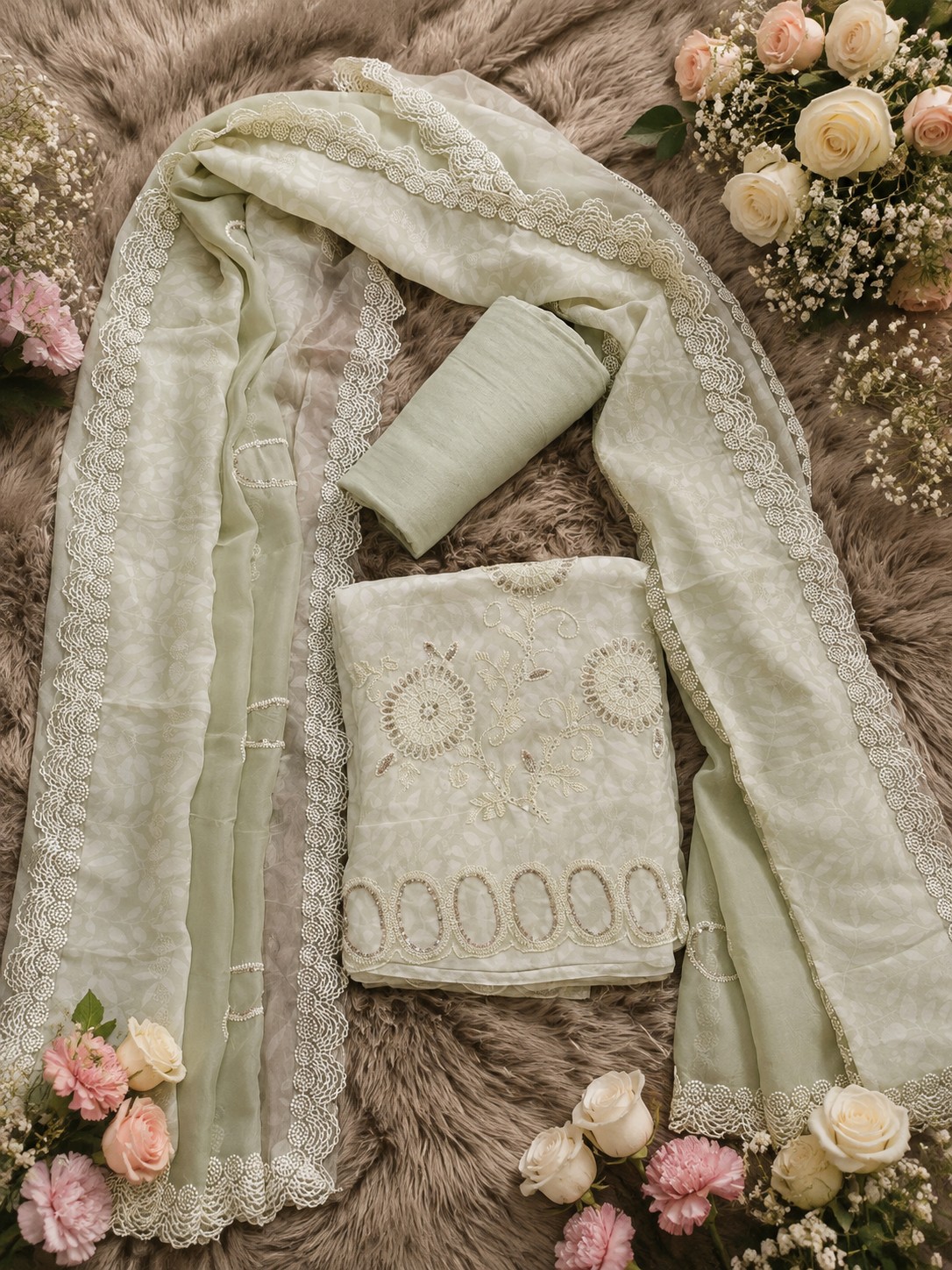 PREMIUM SAGE GREEN FLORAL DESIGNER SUIT MATERIAL SET