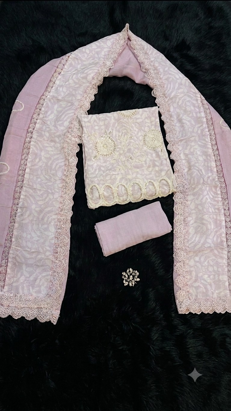 PREMIUM PASTEL LAVENDER PINK FLORAL DESIGNER SUIT MATERIAL SET