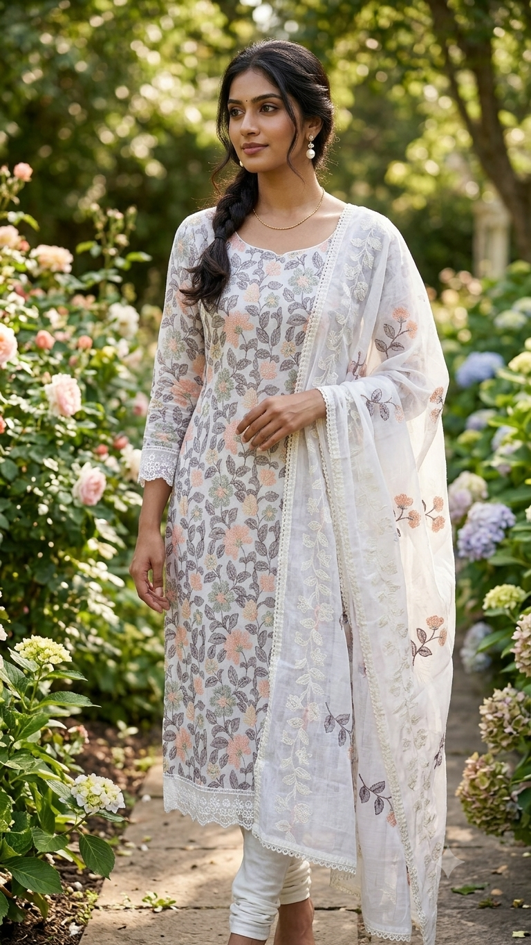 PREMIUM IVORY PASTEL FLORAL PRINTED DESIGNER SUIT MATERIAL SET