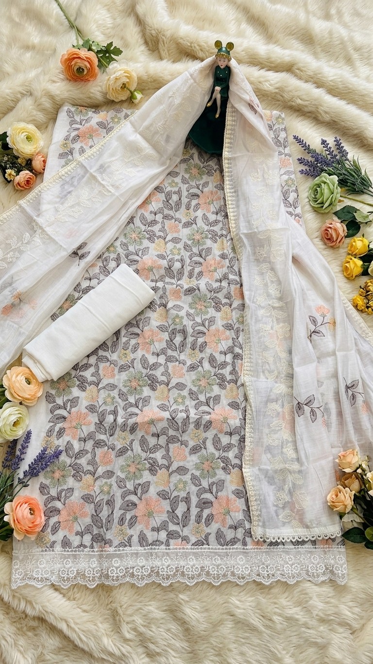 PREMIUM IVORY PASTEL FLORAL PRINTED DESIGNER SUIT MATERIAL SET