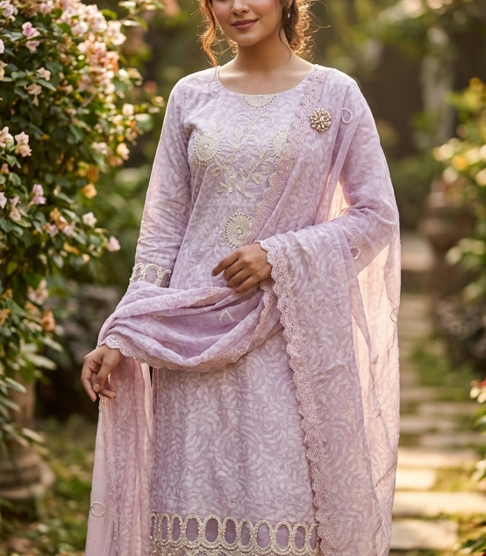 PREMIUM PASTEL LAVENDER PINK FLORAL DESIGNER SUIT MATERIAL SET