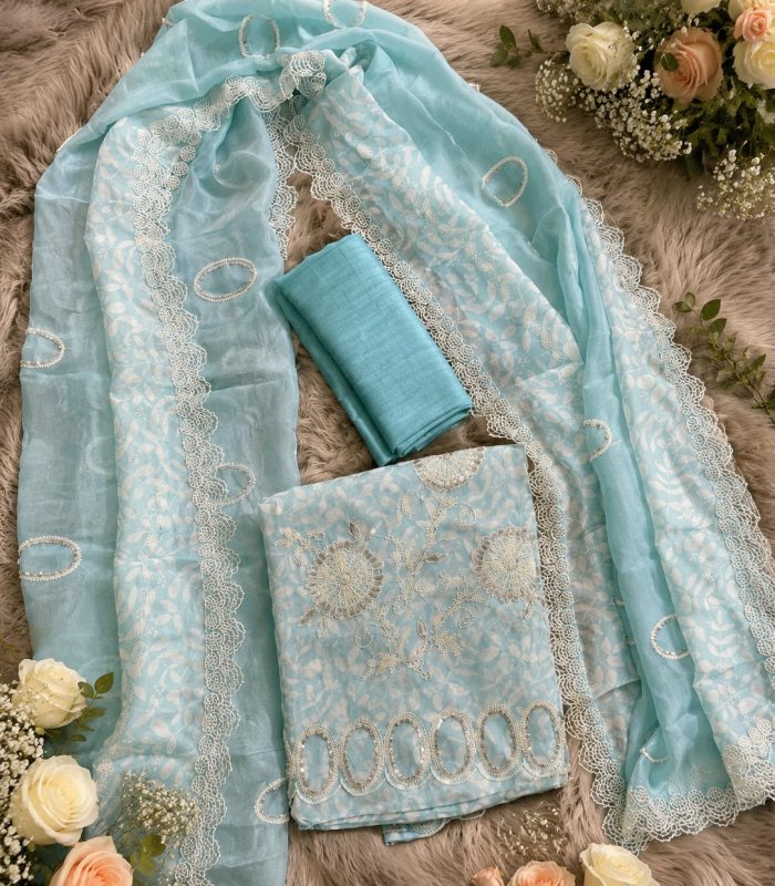 PREMIUM AQUA BLUE DESIGNER CHUDI MATERIAL WITH SILVER LACE DUPATTA