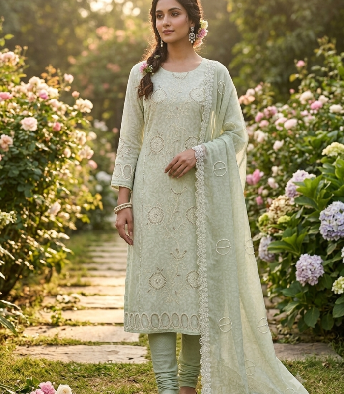 PREMIUM SAGE GREEN FLORAL DESIGNER SUIT MATERIAL SET