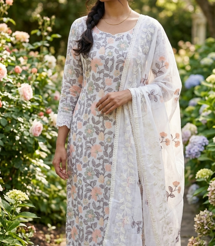 PREMIUM IVORY PASTEL FLORAL PRINTED DESIGNER SUIT MATERIAL SET